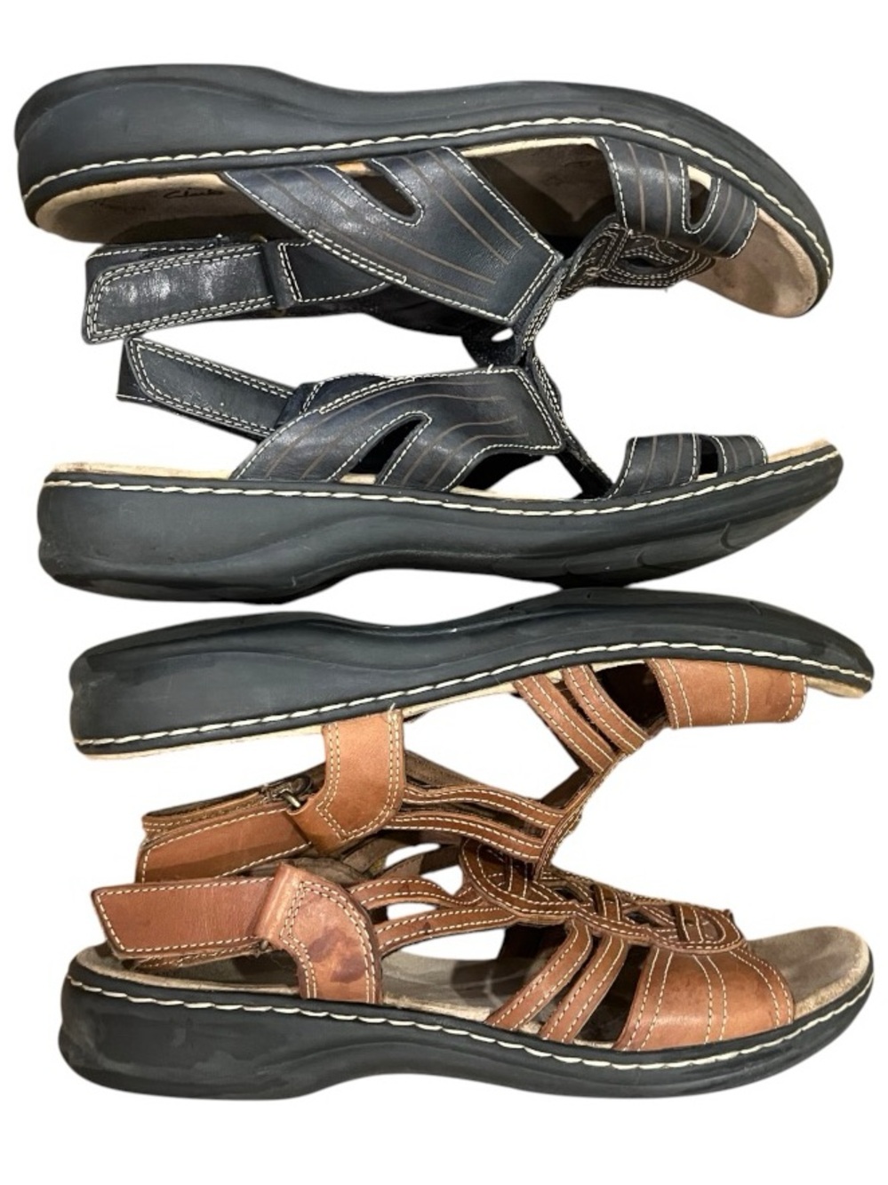 Clarks Black and Brown Women's Leather Strappy Sandals Set of 2 Pairs